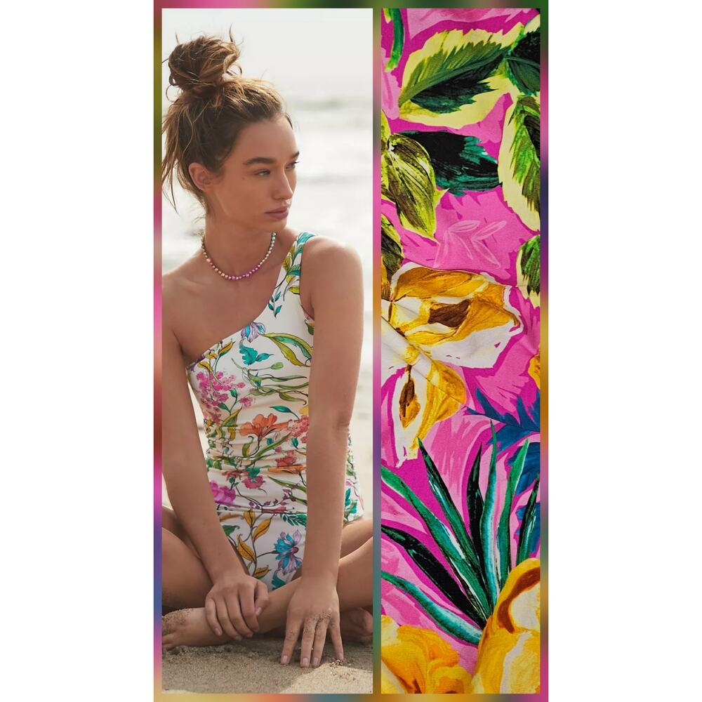 New Anthropologie x PQ Swim One-Shoulder Printed One-Piece Swimsuit SMALL Pink